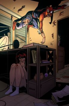 1boy 1girl bite_mark bite_mark_on_thigh black_shorts blood blood_on_wall blood_stain broken_window commentary covering_own_mouth english_commentary exposed_bone hiding highres horror_(theme) jasperlore long_hair marvel marvel_zombies mary_jane_watson on_wall open_mouth red_hair scared short_shorts shorts socks spandex spider-man spider-man_(series) superhero_costume torn_clothes torn_mask under_table white_socks zombie