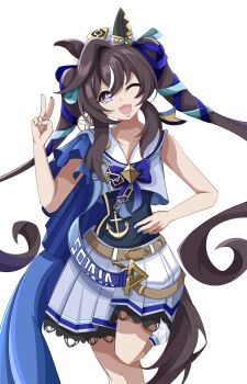 Rule 34 | 1girl, :3, absurdres, anchor necklace, animal ears, beret, blue bow, blue eyes, blue nails, blue ribbon, bow, breasts, brown hair, collarbone, commentary request, covered navel, cropped shirt, ear covers, hair between eyes, hat, highres, horse ears, horse girl, horse tail, jewelry, long hair, looking at viewer, loose socks, multicolored hair, necklace, one eye closed, open mouth, ribbon, sailor collar, shirt, simple background, single ear cover, skirt, smile, socks, solo, streaked hair, swimsuit, swimsuit under clothes, tail, twintails, umamusume, v, vivlos (umamusume), vivlos (voyage etincelant) (umamusume), white background, white hat, white sailor collar, white shirt, white skirt, xiaofeng