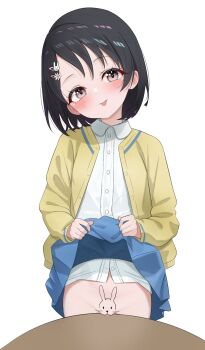 1girl :p animal_print black_hair blue_skirt blush bodypaint car cleft_of_venus clitoris clothes_lift commentary do_you_want_to_pet_my_cat_(meme) dress_shirt fella_(vpffk0731) groin hair_ornament head_tilt heart highres idolmaster idolmaster_cinderella_girls lifting_own_clothes loli looking_at_viewer meme motor_vehicle pussy rabbit_hair_ornament rabbit_print round_table sasaki_chie shirt short_hair skirt skirt_lift smile solo stomach table tongue tongue_out uncensored untranslatable_commentary white_shirt yellow_car