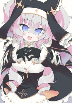 1girl :d black_dress black_gloves blue_eyes breasts commentary_request copyright_request cross dress fang gloves grey_hair hair_between_eyes half_gloves latin_cross long_hair long_sleeves looking_at_viewer medium_breasts miranofuudoria nun open_mouth puffy_long_sleeves puffy_sleeves ringlets simple_background sleeves_past_wrists smile solo two_side_up veil very_long_hair virtual_youtuber white_background