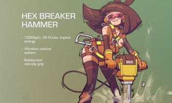 1girl ^^^ android black_thighhighs blackbolt_lonewolf blunt_bangs brown_hair carabiner character_request collarbone commentary cowboy_shot debris ear_protection english_commentary english_text gloves goggles green_background high-visibility_clothing high-visibility_vest highres jackhammer leaning_forward long_hair looking_at_viewer motion_blur motion_lines orange_gloves parted_lips robot_girl satisfaction_(song) scene_reference solo thighhighs thighs
