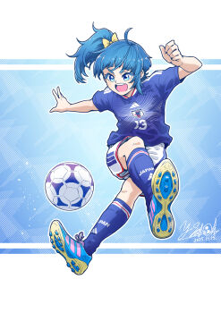 1girl 2026_fifa_world_cup absurdres artist_name ball blue_eyes blue_hair blue_shirt blue_shoes blue_socks bow cleats clothes_writing cut_bangs dated hair_bow highres hirogaru_sky!_precure jumping kicking medium_hair open_mouth precure print_shirt print_socks satou_yasu shin_guards shirt shoes short_sleeves shorts side_ponytail signature single_sidelock smile soccer soccer_ball soccer_uniform socks solo sora_harewataru sportswear white_shorts world_cup yellow_bow