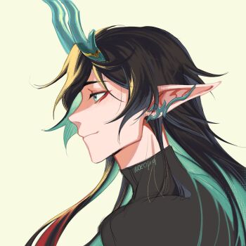 1boy black_hair black_shirt blue_eyes blue_horns closed_mouth colored_inner_hair commentary dan_heng_(honkai:_star_rail) dan_heng_(imbibitor_lunae)_(honkai:_star_rail) dragon_boy dragon_horns ear_covers eastern_dragon_horns english_commentary eyeliner from_side green_hair highres honkai:_star_rail honkai_(series) horns long_pointy_ears makeup male_focus multicolored_hair parted_bangs pointy_ears profile red_eyeliner shirt shushanoe simple_background smile solo turtleneck upper_body
