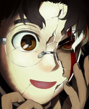 Rule 34 | 1boy, black hair, black nails, broken mask, brown eyes, cracked kawaii mask, cracked mask, dandadan, derivative work, facial mark, furrowed brow, glasses, hand on own face, highres, male focus, mask, multicolored hair, nail polish, open mouth, parted bangs, red eyes, red hair, round eyewear, short hair, smile, solo, streaked hair, takakura ken (dandadan), takakura ken (transformed) (dandadan), two-tone hair, wavy hair, white hair, zoom ret