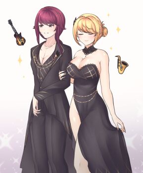 2girls ^_^ azur_lane bare_arms bare_shoulders black_dress black_jacket black_pants black_suit blonde_hair blush braid breasts buttons claire_ross_(pumpkinpaii) cleavage closed_eyes closed_mouth clothes_lift collarbone commander_(azur_lane) commentary crown_braid dress dress_lift dress_pants english_commentary evening_gown female_commander_(azur_lane) fingernails folded_hair formal_clothes gold_trim green_eyes grin guitar hair_bun hair_ornament half_up_braid highres holding_another&#039;s_arm instrument jacket jewelry lace_collar lapels large_breasts lips long_fingernails long_hair long_sleeves medium_breasts mole mole_under_eye multiple_girls necklace no_panties official_alternate_costume open_mouth pants prince_of_wales_(a_knight&#039;s_song_a_lady&#039;s_night)_(azur_lane) prince_of_wales_(azur_lane) pumpkinpaii purple_hair saxophone short_hair side_slit sidelocks simple_background smile sparkle suit swept_bangs thighs white_background yuri