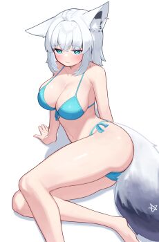 1girl absurdres ahoge alternate_costume alternate_hair_length alternate_hairstyle animal_ears aqua_eyes ass bikini blue_bikini blush breasts cleavage closed_mouth commentary deaver fox_ears fox_girl fox_tail highres hololive large_breasts looking_at_viewer shirakami_fubuki short_hair side-tie_bikini_bottom simple_background sitting solo swimsuit tail thick_thighs thighs virtual_youtuber white_background white_hair yokozuwari