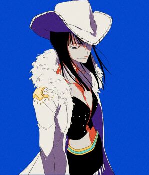 Rule 34 | 1girl, 2025, black hair, blue background, blue eyes, blunt bangs, breasts, cleavage, closed mouth, coat, commentary, cowboy hat, cowboy shot, cross-laced clothes, cross-laced top, fur-trimmed coat, fur trim, hat, hat over one eye, hiems xii, highres, long hair, looking at viewer, medium hair, midriff, navel, nico robin, nico robin (alabasta), one piece, simple background, skirt, smile, solo, white coat, white hat