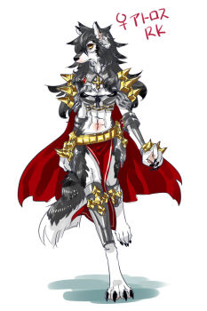 1girl animal_ears armor barefoot bikini_armor black_hair breasts cape closed_mouth commentary_request full_body furrification furry furry_female long_hair looking_at_viewer midriff navel pauldrons pelvic_curtain ragnarok_online red_cape rune_knight_(ragnarok_online) shoulder_armor simple_background solo spiked_pauldrons spikes tail toriria vambraces walking white_background wolf_ears wolf_girl wolf_tail yellow_eyes