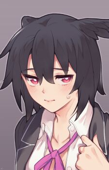 1girl black_hair black_jacket blush breasts collared_shirt fate/grand_order fate_(series) head_wings highres jacket long_sleeves looking_at_viewer mitsurugi_sugar ortlinde_(fate) red_eyes shirt short_hair solo valkyrie_(fate) white_shirt wings