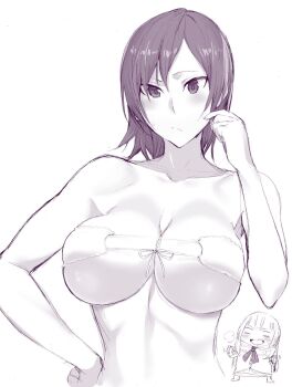 2girls bare_shoulders bikini blush breasts chibi cleavage collarbone commentary emilie_de_rochefort eyepatch_bikini finger_to_cheek front-tie_bikini_top front-tie_top frown highres hiiragi_yuuichi kazama_asuka large_breasts looking_at_viewer monochrome multiple_girls namco raised_eyebrow short_hair simple_background strapless strapless_bikini swimsuit tekken upper_body white_background white_bikini
