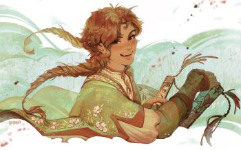 1girl amonimy braid brown_eyes fingerless_gloves floral_print flower gloves green_background green_clouds green_shirt highres holding holding_sheath layered_sleeves leaf leaf_print long_hair long_sleeves looking_at_viewer open_mouth orange_hair orange_shirt orange_trim original pink_flower print_shirt scabbard sheath shirt short_over_long_sleeves short_sleeves smile solo striped_clothes striped_shirt twin_braids