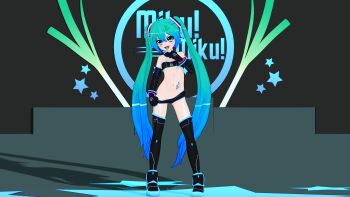 00s 1girl 3d absurdres aged_down alternate_costume aqua_boots aqua_eyes aqua_hair bare_shoulders black_thighhighs blender_(medium) boots character_name clothes_pull collar commentary detached_sleeves elbow_gloves eyeshadow female_focus fingerless_gloves gloves gradient_hair green_hair groin gs-mantis hair_ornament hatsune_miku headset high_heels highres index_finger_raised loli long_hair looking_at_viewer makeup multicolored_hair nail_polish navel pants pants_pull shoes shorts shorts_pull solo spring_onion stage star_(symbol) stomach_tattoo tattoo thigh_boots thighhighs twintails very_long_hair vocaloid