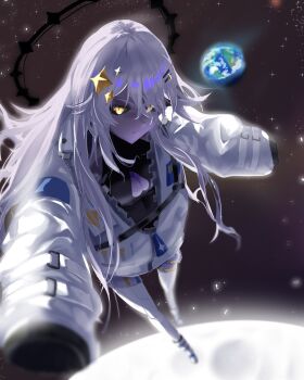 Rule 34 | 1girl, absurdres, black sclera, boots, cleavage cutout, closed mouth, clothing cutout, colored sclera, commission, daaku (koizumi arata), earth (planet), gloomi (kaneko lumi), hair ornament, highres, jacket, kaneko lumi, kaneko lumi (4th costume), long hair, pants, partially unzipped, phase connect, planet, second-party source, sleeves past fingers, sleeves past wrists, solo, virtual youtuber, white boots, white hair, white jacket, white pants, yellow eyes, zipper