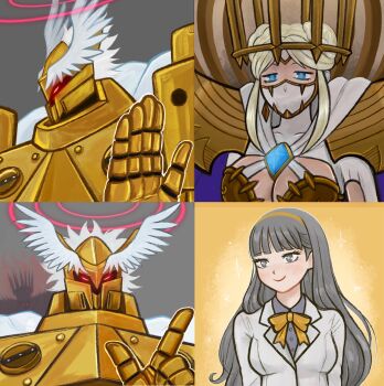 Rule 34 | 1boy, 2girls, armor, blonde hair, breasts, digimon, digimon (creature), digimon story: time stranger, double bun, gold armor, gold helmet, grey hair, hair bun, halo, helmet, highres, jacket, junomon, junomon hysteric mode, jupitermon, large breasts, long hair, meme request, misono inori, mnmars art, multiple girls, red eyes, red halo, white jacket, winged helmet, yellow background
