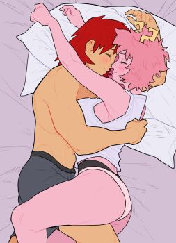 ashido_mina ass bare_shoulders bed boku_no_hero_academia closed_eyes closed_mouth colored_skin cuddling hetero horns kirishima_eijirou loopvoid lying messy_hair muscular muscular_male on_bed on_side panties pants pillow pink_hair pink_skin red_hair shirt short_hair sleeveless sleeveless_shirt smile thighs topless_male underwear white_panties white_shirt yellow_horns