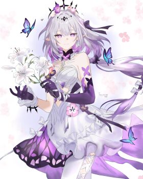 1girl asymmetrical_gloves bare_shoulders black_tiara bow breasts bright_pupils bug butterfly castorice_(honkai:_star_rail) closed_mouth commentary dress english_commentary floating_hair flower gloves hair_bow hair_flower hair_ornament highres holding holding_flower honkai:_star_rail honkai_(series) insect large_breasts legwear_cutout light_smile long_hair looking_at_viewer low-tied_long_hair low_twintails pantyhose pointy_ears purple_eyes purple_gloves purple_hair signature simple_background solo takedraws tiara twintails very_long_hair white_dress white_flower white_pantyhose