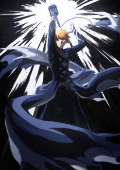 1boy absurdres black_coat bleach bleach:_sennen_kessen-hen coat commentary_request hair_between_eyes highres holding holding_sword holding_weapon kurosaki_ichigo long_sleeves looking_at_viewer male_focus mitarashi_(5333069) open_mouth orange_eyes orange_hair shihakusho short_hair simple_background solo spiked_hair sword tensa_zangetsu_(bankai) weapon