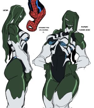 1girl abs animification breasts cleavage colored_skin green_hair highres large_breasts leotard long_hair looking_at_viewer marvel muscular muscular_female she-hulk simple_background smile spider-man spider-man_(series) superhero_costume symbiote t1tans90 thighs