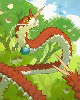 acorn alternate_size animal_focus beautifly berry_(pokemon) blue_sky caterpillar cloud commentary dustox english_commentary gen_3_pokemon highres horns jaesekki nintendo no_humans oran_berry outdoors pokemon pokemon_(creature) silk single_horn sky solo_focus tree wurmple yellow_eyes