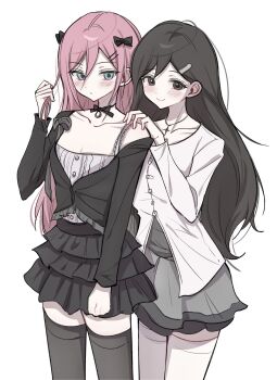 2girls ahoge alternate_costume arm_at_side aubrey_(faraway)_(omori) aubrey_(omori) behind_another black_bow black_bowtie black_cardigan black_choker black_hair black_skirt black_thighhighs blush bow bow_choker bowtie breasts camisole cardigan cardigan_partially_removed center_frills choker cleavage closed_mouth collarbone cowboy_shot double-parted_bangs expressionless frilled_camisole frilled_cardigan frilled_skirt frills grey_camisole grey_skirt hair_behind_ear hair_between_eyes hair_bow hair_ornament hairclip hand_on_another&#039;s_shoulder hand_up hashtag-only_commentary highres holding holding_own_hair jewelry long_hair long_sleeves mari_(faraway)_(omori) mari_(omori) miniskirt multiple_girls necklace omori pale_skin parallel_hairclips partially_unbuttoned pink_hair shirt_tucked_in sidelocks simple_background single_bare_shoulder skinny skirt small_breasts smile standing straight_hair thighhighs tsurime very_long_hair white_background white_cardigan white_thighhighs wktdms1 zettai_ryouiki