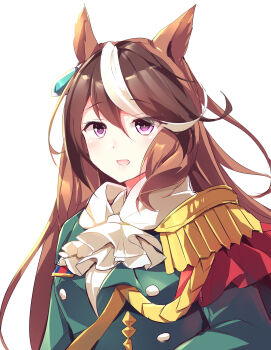 Rule 34 | 1girl, absurdres, aiguillette, animal ears, ascot, blush, breasts, brown hair, buttons, cape, commentary request, double-breasted, earrings, epaulettes, green jacket, hair between eyes, highres, horse ears, horse girl, jacket, jewelry, kanzakietc, long hair, long sleeves, looking at viewer, multicolored hair, open mouth, purple eyes, red cape, shirt, side cape, simple background, single earring, single epaulette, smile, streaked hair, symboli rudolf (emperor's path) (umamusume), symboli rudolf (umamusume), umamusume, upper body, white ascot, white background, white hair, white shirt