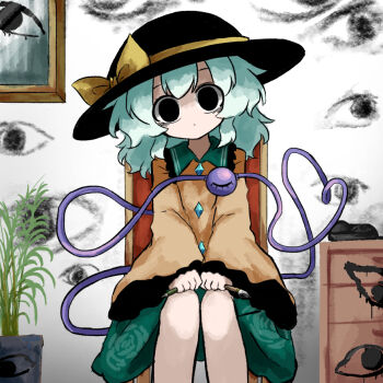 1girl bags_under_eyes black_eyes black_hat blouse bow buttons chair chest_of_drawers closed_mouth commentary_request crazy diamond_button eyeball feet_on_chair feet_out_of_frame floral_print frilled_shirt_collar frills green_hair green_skirt hat hat_bow hat_ribbon heart heart_of_string heripantomorrow holding holding_paintbrush holding_pencil indoors komeiji_koishi long_sleeves looking_at_viewer medium_hair paintbrush pencil picture_frame plant potted_plant print_skirt ribbon rose_print shirt sitting skirt solo third_eye touhou vandalism wide_sleeves yellow_bow yellow_ribbon yellow_shirt