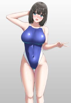 1girl black_hair blue_eyes blue_one-piece_swimsuit breasts commentary_request competition_swimsuit covered_navel feet_out_of_frame gradient_background grey_background highleg highleg_one-piece_swimsuit highres large_breasts medium_breasts one-piece_swimsuit original solo swimsuit taurus_(cor-tauri-0426) thigh_gap two-tone_swimsuit v