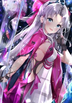 1girl aizawa_(aizawatsu) black_gloves blue_eyes bow breasts broken_glass carlotta_(wuthering_waves) dress earrings glass gloves hair_bow highres jewelry long_hair looking_at_viewer looking_back medium_breasts open_mouth reflection smile solo wuthering_waves