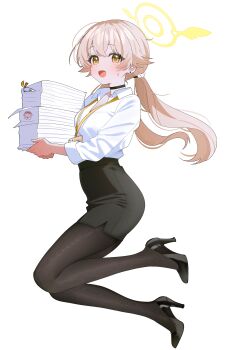 Rule 34 | 1girl, absurdres, alternate costume, black choker, black pantyhose, black shoes, black skirt, blue archive, breasts, brown hair, choker, collared shirt, doodle sensei (blue archive), dress shirt, earrings, full body, hair ornament, halo, hifumi (blue archive), high heels, highres, holding, id card, jewelry, lanyard, long hair, long sleeves, looking at viewer, low twintails, office lady, open mouth, pantyhose, paper stack, pencil skirt, peroro (blue archive), sensei (blue archive), shirt, shirt tucked in, shoes, shusuchii, simple background, skirt, smile, solo, stiletto heels, stud earrings, sweatdrop, twintails, white background, white shirt, yellow eyes, yellow halo