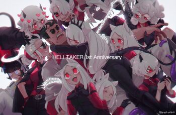 1boy 6+girls :3 angel animal_ears anniversary artist_name azazel_(helltaker) belt bespectacled black-framed_eyewear black_gloves black_hair black_horns black_neckwear blind blue_eyes blush breasts cerberus_(helltaker) cigarette closed_eyes colored_skin copyright_name dark-skinned_female dark_skin demon_girl demon_horns demon_tail dog_ears dog_girl everyone fangs fingerless_gloves formal_clothes glasses gloves grey_skin hair_over_one_eye halo heart heart-shaped_pupils helltaker helltaker_(character) highres holding holding_phone horns hug jacket jewelry judgement_(helltaker) justice_(helltaker) large_breasts long_hair long_sleeves looking_at_viewer lucifer_(helltaker) malina_(helltaker) mask modeus_(helltaker) mole mole_under_eye multiple_girls necktie noah_(tettsui-sole) open_mouth pandemonica_(helltaker) pants pantyhose phone piercing red_eyes red_gloves red_shirt red_sweater ribbed_sweater ribbon shaded_face shirt short_hair short_sleeves smile suit sunglasses sweatdrop sweater symbol-shaped_pupils tail teeth tentacles triplets turtleneck twitter_username upper_teeth_only weapon white_eyes white_hair white_horns zdrada_(helltaker)