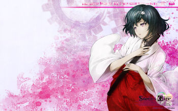 1boy :o black_hair bob_cut chihaya_(clothing) choker hair_ornament hairclip hakama hakama_skirt holding holding_stick huke japanese_clothes kosode miko official_art open_mouth pink_eyes red_hakama ribbon_choker ribbon_trim ringed_eyes science_adventure skirt skull_hair_ornament solo square_pupils steins;gate stick trap urushibara_luka wide_sleeves