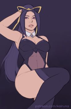 Rule 34 | arm up, armpits, ass, black thighhighs, blue hair, breasts, cleavage, detached collar, hair tie, highleg, highleg leotard, ina (sengoku musou), kalruna, large breasts, leg up, legs, leotard, lips, long hair, navel, nintendo, parted bangs, parted lips, pokemon, pokemon conquest, ponytail, purple eyes, see-through clothes, see-through leotard, sengoku musou, thick thighs, thighhighs, thighs, wide hips