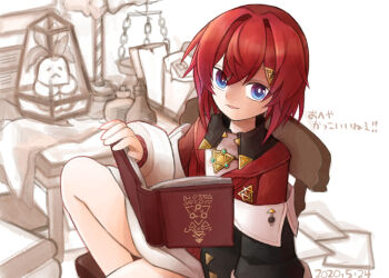 Rule 34 | 1girl, ange katrina, ange katrina (1st costume), bare legs, black coat, blue eyes, book, bottle, bright pupils, cardigan, chair, coat, commentary request, dated, dress, feet out of frame, gradient eyes, hair intakes, hair ornament, holding, holding book, knee up, long sleeves, looking at viewer, mandragora, mandragora (ange katrina), medium hair, monochrome background, multicolored eyes, nijisanji, off shoulder, on chair, open book, paper, parted lips, purple eyes, red cardigan, red hair, scroll, short dress, sitting, smile, solo focus, table, translation request, triangle hair ornament, umigaya aimi, virtual youtuber, white dress, white pupils