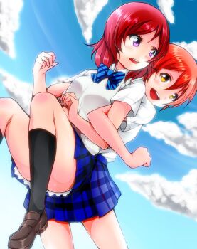 Rule 34 | 10s, 2girls, :d, akihila, black socks, blouse, blue sky, bow, cloud, convenient censoring, convenient leg, day, hoshizora rin, kneehighs, loafers, looking at another, love live!, love live! school idol project, miniskirt, multiple girls, nishikino maki, open mouth, orange hair, petticoat, pleated skirt, purple eyes, red hair, school uniform, shirt, shoes, short hair, short sleeves, skirt, sky, slip showing, smile, socks, white shirt, yellow eyes