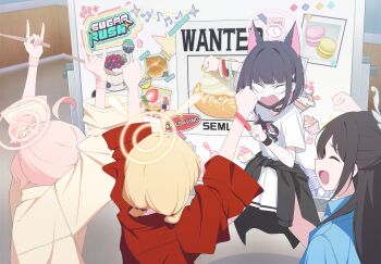 4girls after-school_sweets_club_(blue_archive) airi_(band)_(blue_archive) airi_(blue_archive) angry animal_ears animal_print arms_up artist_request black_hair black_jacket black_mask blank_eyes blue_archive blue_jacket brown_hair cat_ears cat_girl cat_print clenched_hands closed_eyes clothes_around_waist colored_inner_animal_ears colored_inner_hair drumsticks game_cg green_halo hair_bun halo holding holding_drumsticks jacket jacket_around_waist kazusa_(band)_(blue_archive) kazusa_(blue_archive) long_hair low_twintails mask mouth_mask multicolored_hair multiple_girls natsu_(band)_(blue_archive) natsu_(blue_archive) non-web_source official_art open_mouth pink_hair pink_halo pleated_skirt red_jacket shirt short_hair short_sleeves skirt t-shirt twintails two-tone_hair white_shirt white_skirt yellow_halo yellow_jacket yoshimi_(band)_(blue_archive) yoshimi_(blue_archive)