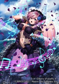 1girl beamed_eighth_notes blue_bow blue_bowtie blue_eyes bow bowtie breasts choker cleavage copyright_notice dress eighth_note fishnet_gloves fishnets flower frederica_(z/x) frilled_choker frills gloves hair_flower hair_ornament hat large_breasts lightning looking_at_viewer medium_hair mermaid mikaxruno monster_girl musical_note musical_staff navel ocean official_art on_rock open_mouth outdoors pink_hair purple_choker purple_dress purple_hat purple_petals quarter_note reaching reaching_towards_viewer sixteenth_note solo teeth treble_clef upper_teeth_only z/x