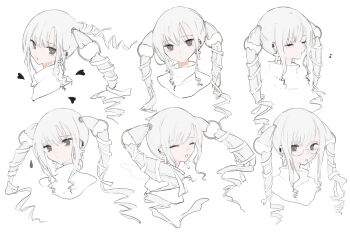 1girl :p black_eyes closed_eyes cross cross_earrings drill_hair earrings expressionless glasses heart jewelry long_hair looking_at_viewer multiple_expressions multiple_views original qtonagi smile technopop_yuuki_synthesizer-chan tongue tongue_out twin_drills upper_body very_long_hair white_hair