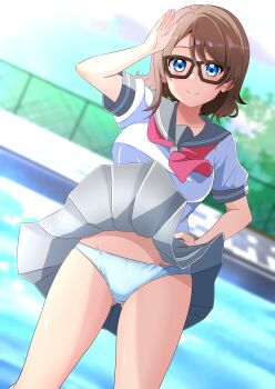 Rule 34 | 1girl, absurdres, black-framed eyewear, blue eyes, blush, breasts, brown hair, commentary request, commission, glasses, grey sailor collar, grey skirt, hand on own hip, highres, kisaragi setsu (mssk8485), light blush, looking at viewer, love live!, love live! sunshine!!, medium breasts, necktie, panties, pixiv commission, pleated skirt, pool, red necktie, sailor collar, salute, school uniform, serafuku, shirt, short hair, short sleeves, skirt, smile, solo, underwear, uranohoshi school uniform, watanabe you, white panties, white shirt, wind, wind lift