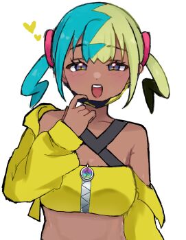 1girl :d bandeau canari_(pokemon) collarbone commentary eyelashes hand_up happy heart highres jacket light_blush looking_at_viewer mask mask_pull mouth_mask multicolored_hair nintendo off_shoulder open_mouth pokemon pokemon_legends:_z-a short_twintails simple_background smile solo sori_(pstr5785) teeth twintails upper_body upper_teeth_only white_background yellow_bandeau yellow_jacket zipper zipper_pull_tab