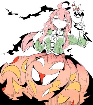 1girl ahoge breasts collared_shirt floating floating_object fox_mask green_shirt hands_up hata_no_kokoro highres huge_ahoge long_hair long_sleeves looking_at_viewer mask massakasama medium_breasts narrowed_eyes orange_skirt pink_eyes pink_hair shirt simple_background skirt skirt_cutout solo star_(symbol) touhou white_background