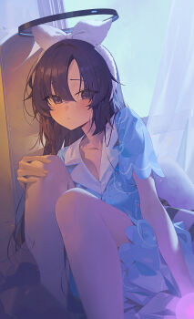 1girl absurdres animal_print black_halo blue_archive blue_pajamas blue_shirt blue_shorts blush bow_hairband cat_print hairband halo highres lan001 mechanical_halo official_alternate_costume pajamas purple_eyes shirt short_sleeves shorts solo white_hairband yuuka_(blue_archive) yuuka_(pajamas)_(blue_archive)