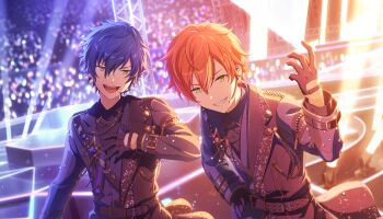 2boys :d alternate_costume black_gloves black_shirt blonde_hair blue_hair collared_shirt colorful_palette crowd ensemble_stars! game_cg gloves grin hair_between_eyes highres male_focus multicolored_hair multiple_boys official_art open_mouth orange_hair project_sekai sazanami_jun shinonome_akito shirt smile stage streaked_hair teeth third-party_source tongue two-tone_hair upper_teeth_only yellow_eyes