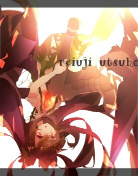 1girl backlighting black_hair black_shoes black_thighhighs bow breasts character_name commentary_request full_body green_skirt hair_bow long_hair looking_at_viewer medium_breasts one-hour_drawing_challenge open_clothes open_mouth open_shirt puffy_short_sleeves puffy_sleeves red_eyes reiuji_utsuho shinjitsu_no_kuchi shirt shoes short_sleeves skirt solo thighhighs third_eye touhou upside-down white_background white_shirt