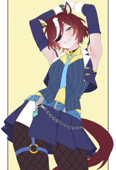 1girl animal_ears armpits arms_up black_pantyhose blue_necktie blue_skirt blue_vest blush commentary commentary_request detached_sleeves english_commentary eyepatch fishnet_pantyhose fishnets gloves grin highres horse_ears horse_girl horse_tail looking_at_viewer mixed-language_commentary necktie norcturna_lilith pantyhose pleated_skirt short_hair skirt smile solo tail tanino_gimlet_(embodiment_of_keravnos)_(umamusume) tanino_gimlet_(umamusume) umamusume vest white_gloves yellow_eyes