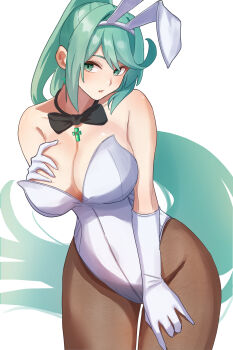 1girl absurdres amausa_subee breasts chest_jewel cleavage_cutout clothing_cutout core_crystal_(xenoblade) earrings gloves green_eyes green_hair headpiece high_ponytail highres jewelry large_breasts long_hair looking_at_viewer pneuma_(xenoblade) ponytail solo swept_bangs very_long_hair xenoblade_chronicles_(series) xenoblade_chronicles_2
