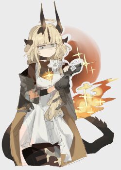 Rule 34 | 1girl, ahoge, arknights, black gloves, blonde hair, cocking gun, commentary, dragon horns, dragon tail, dress, fire, flame-tipped tail, frown, gloves, green eyes, gun, handgun, highres, holding, holding gun, holding weapon, horns, i'm a healer but... (meme), long hair, long sleeves, meme, odmised, reed (arknights), reed the flame shadow (arknights), sidelocks, simple background, solo, symbol-only commentary, tail, weapon, white background, white dress