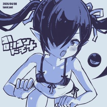 1girl backbeako_(torotei) backbeard bikini blue_background blue_theme blush breasts clenched_hands collarbone commentary dated dated_commentary front-tie_bikini_top front-tie_top gegege_no_kitarou hair_over_one_eye hair_ribbon kono_lolicon_domome leaning_forward loli long_hair looking_at_viewer monochrome navel open_mouth original paid_reward_available pointy_ears ribbon side-tie_bikini_bottom simple_background small_breasts solo swimsuit teeth torotei translated twintails upper_teeth_only watermark web_address