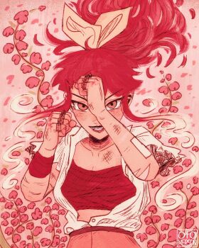 Rule 34 | 1girl, absurdres, alternate costume, alternate eye color, alternate hairstyle, alternate universe, aubrey (faraway) (omori), aubrey (omori), bandaged arm, bandaged wrist, bandages, black tube top, bleeding, blood, blood on hands, bow, bow hairband, brass knuckles, bruise, bruise on chest, chest sarashi, clenched hands, clothes lift, collarbone, covering face, covering own face, cuts, denim, english text, evil grin, evil smile, falling petals, fighting stance, film grain, floating hair, flower, gladiolus, gradient background, grin, hair between eyes, hair bow, hair ornament, hairband, highres, injury, jacket, jeans, long hair, looking at viewer, multiple scars, omori, open clothes, open jacket, otomerson, pants, petals, pink background, pink eyes, pink flower, pink hair, pink petals, sarashi, scar, scar on arm, scrape, sharp teeth, shirt, shirt lift, smile, solo, spiked knuckles, strapless, teeth, topknot, torn clothes, torn jacket, torn shirt, tube top, twitter username, very long hair, weapon, white shirt, wind, yellow bow