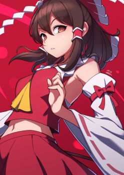 1girl arm_up ascot ascot_between_breasts bow breasts brown_eyes brown_hair collar commentary cowboy_shot crop_top dated detached_sleeves double-parted_bangs english_commentary floating_hair frilled_bow frills hair_between_eyes hair_bow hair_tubes hakurei_reimu highres long_sleeves looking_to_the_side medium_breasts medium_hair midriff navel parted_lips pleated_skirt red_background red_bow red_ribbon red_shirt red_skirt ribbon ribbon-trimmed_sleeves ribbon_trim shide shirt signature skirt solo teeth touhou umenodo white_collar white_sleeves wide_sleeves yellow_ascot
