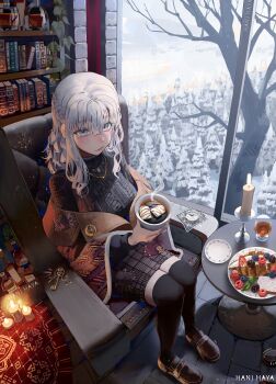 1girl absurdres braid candle christmas cozy_coupe hani_haya highres hot_chocolate knit_sweater long_hair looking_at_viewer original scenery signature skirt snow snow_on_tree solo study_(room) thighhighs white_hair winter zettai_ryouiki